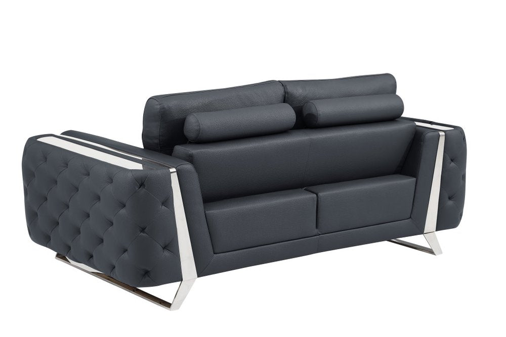 Dark Gray and Silver Genuine Leather Loveseat - 72-inch