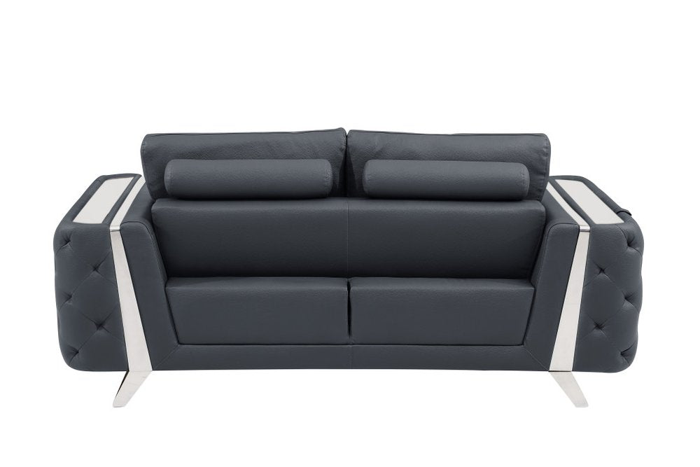 Dark Gray and Silver Genuine Leather Loveseat - 72-inch