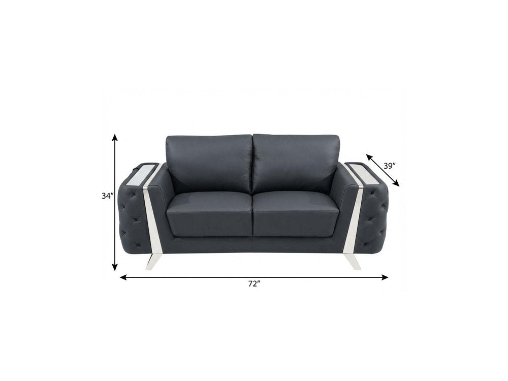 Dark Gray and Silver Genuine Leather Loveseat - 72-inch