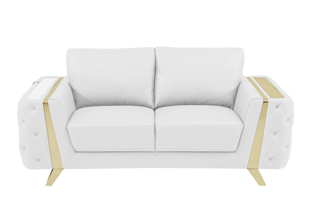 White and Gold Genuine Leather Loveseat - 72-inch