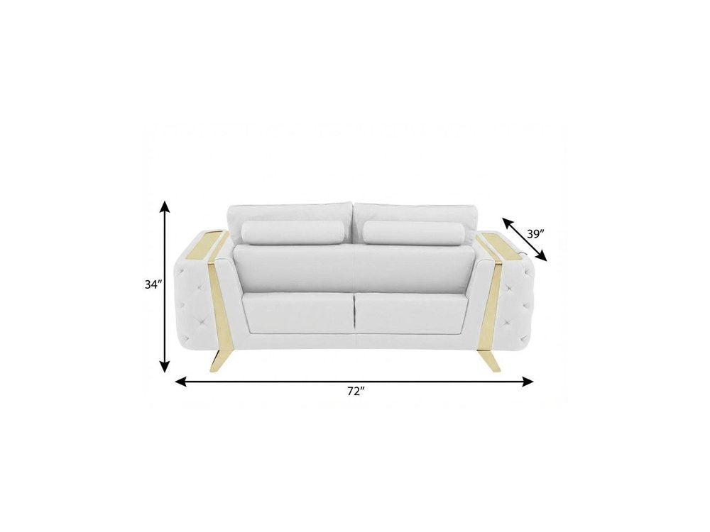 White and Gold Genuine Leather Loveseat - 72-inch