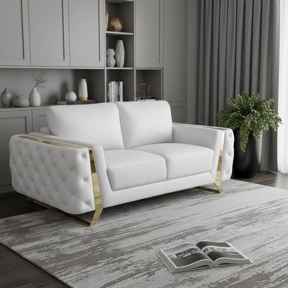 White and Gold Genuine Leather Loveseat - 72-inch