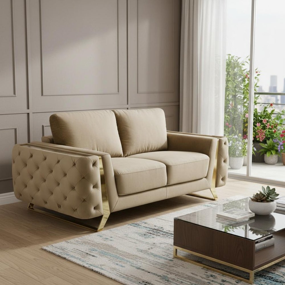 Beige and Gold Velvet Loveseat - 72-inch