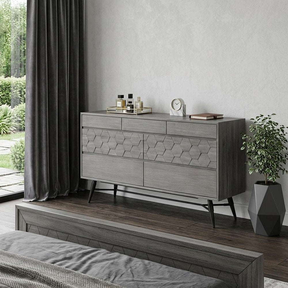 Gray Solid Wood Six Drawer Double Dresser - 61-inch