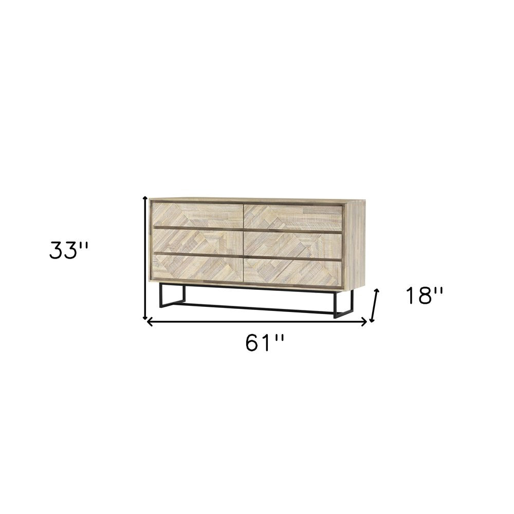 Natural Solid Wood Six Drawer Double Dresser - 61-inch
