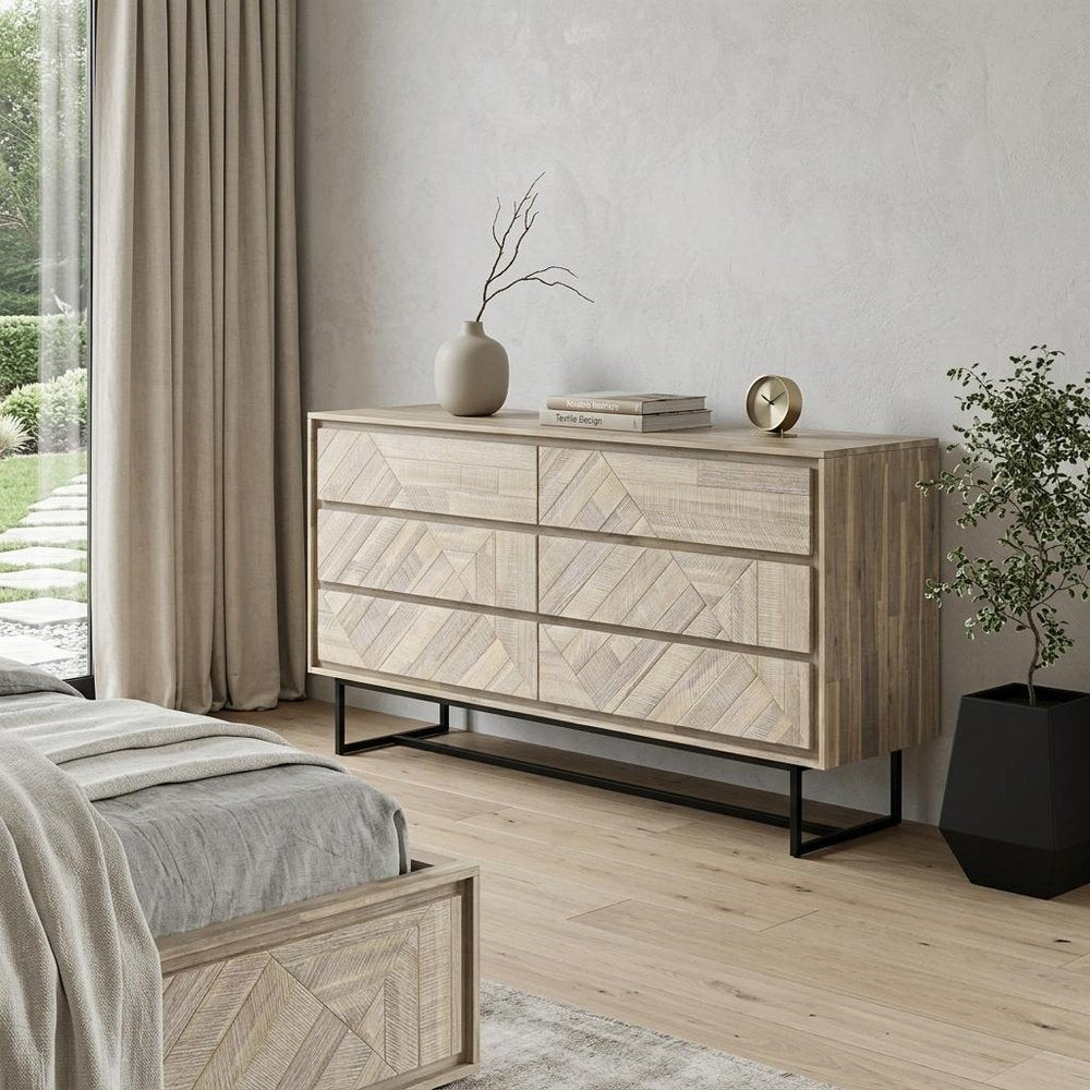 Natural Solid Wood Six Drawer Double Dresser - 61-inch