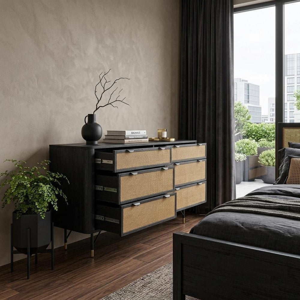 Black and Natural Solid Wood Six Drawer Double Dresser - 61-inch