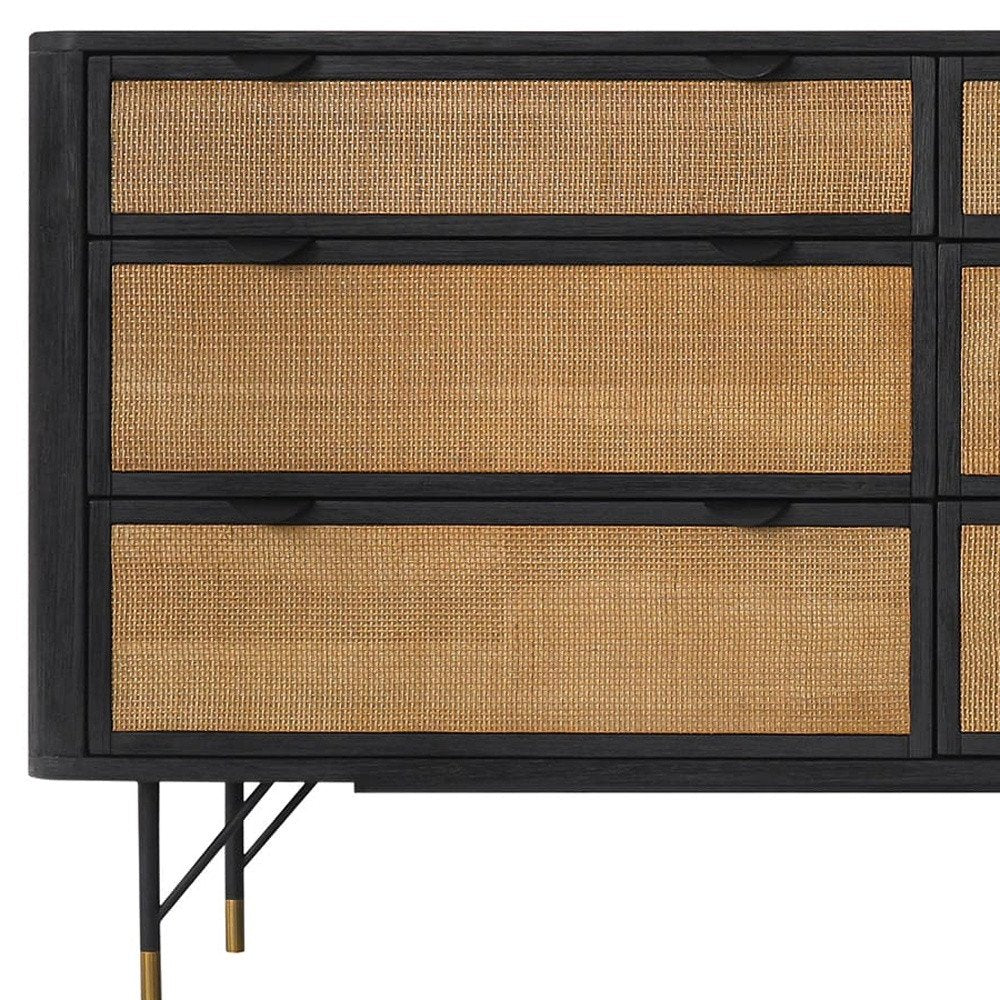 Black and Natural Solid Wood Six Drawer Double Dresser - 61-inch