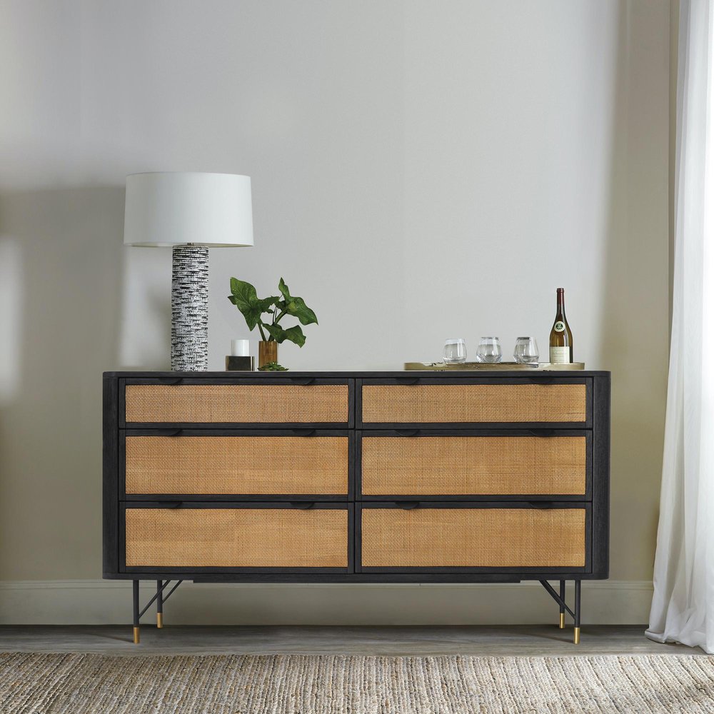 Black and Natural Solid Wood Six Drawer Double Dresser - 61-inch