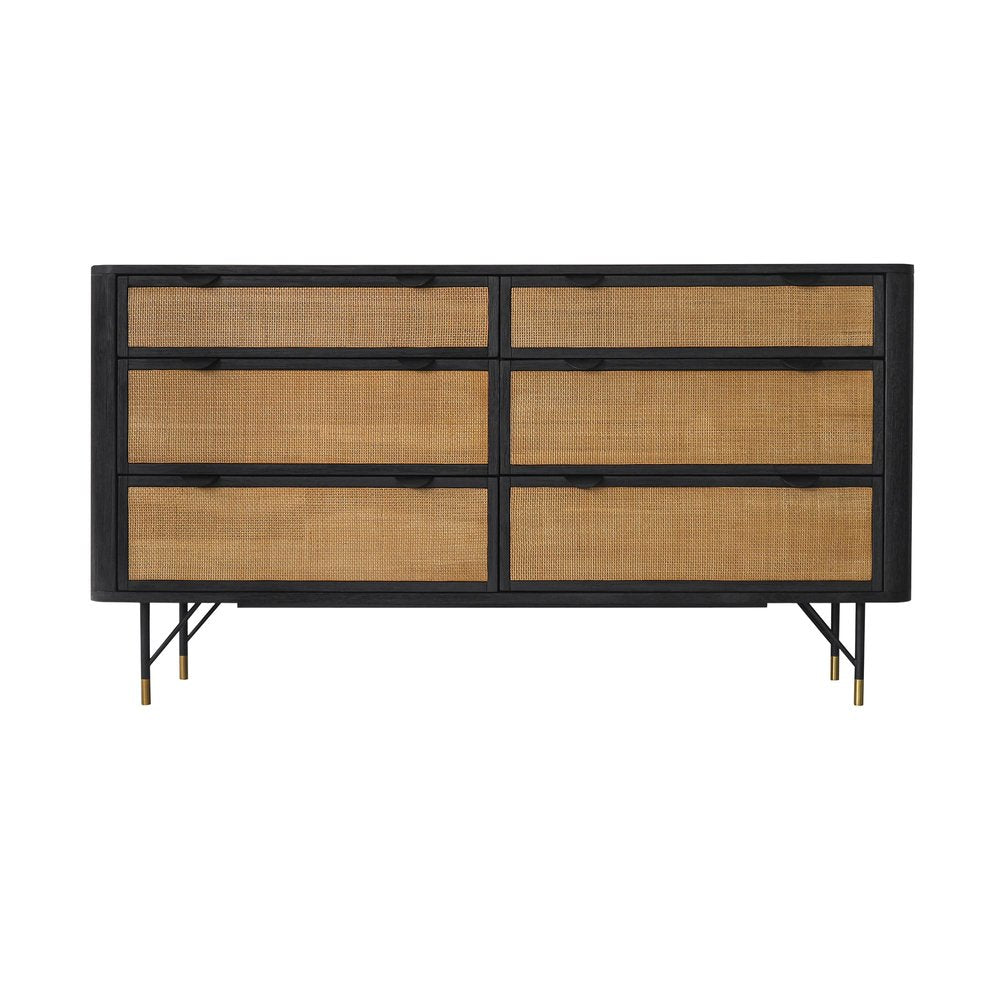 Black and Natural Solid Wood Six Drawer Double Dresser - 61-inch