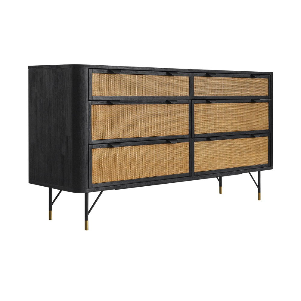Black and Natural Solid Wood Six Drawer Double Dresser - 61-inch