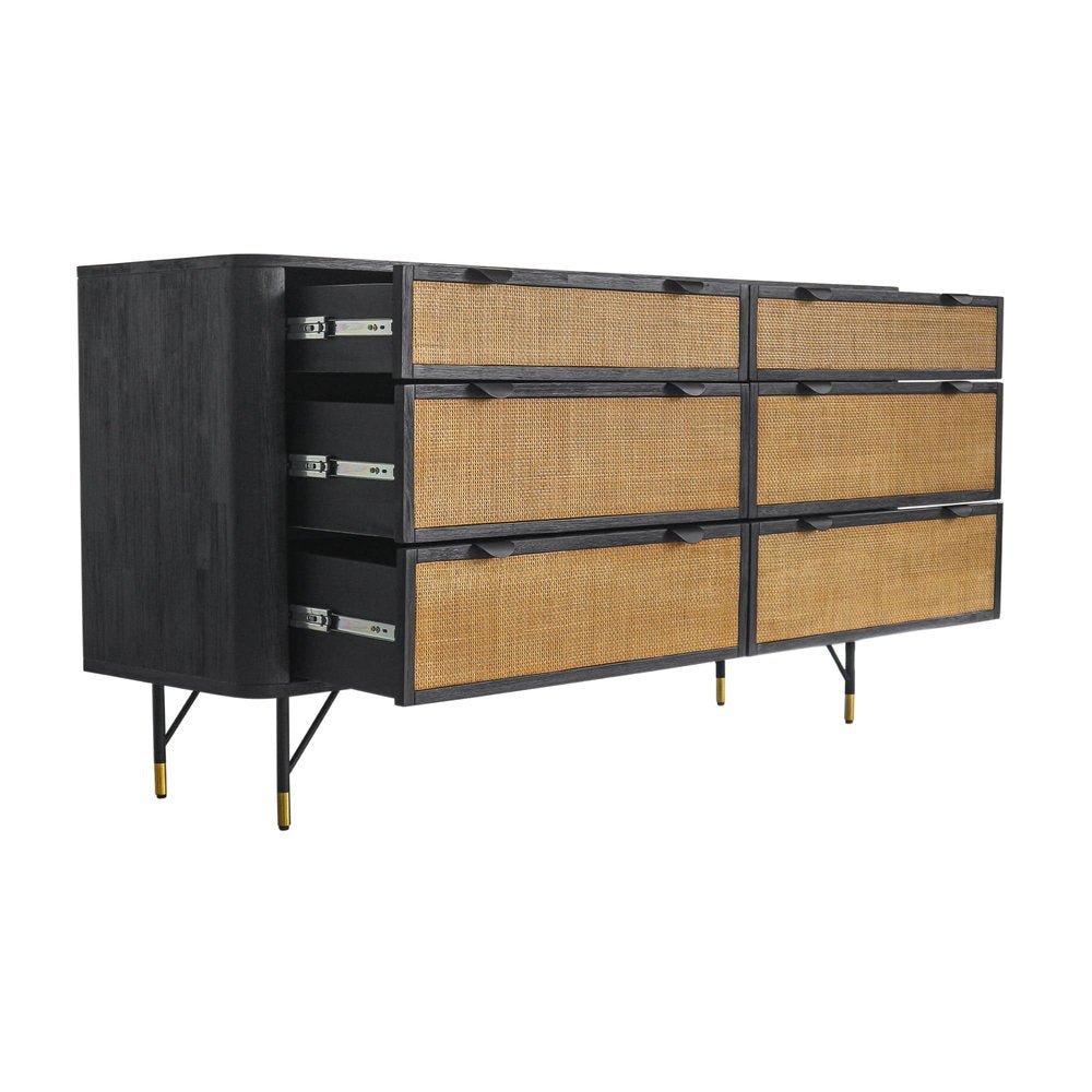 Black and Natural Solid Wood Six Drawer Double Dresser - 61-inch