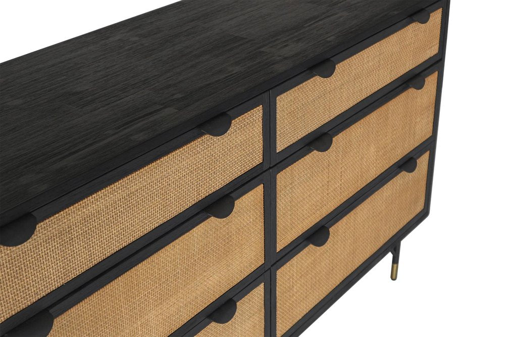 Black and Natural Solid Wood Six Drawer Double Dresser - 61-inch