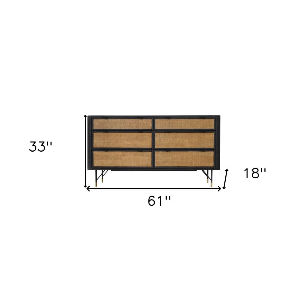 Black and Natural Solid Wood Six Drawer Double Dresser - 61-inch