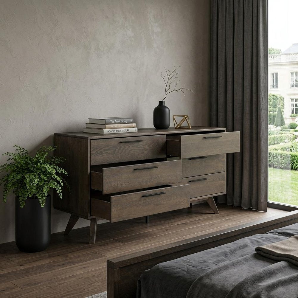 Dark Brown Solid Wood Six Drawer Double Dresser - 63-inch