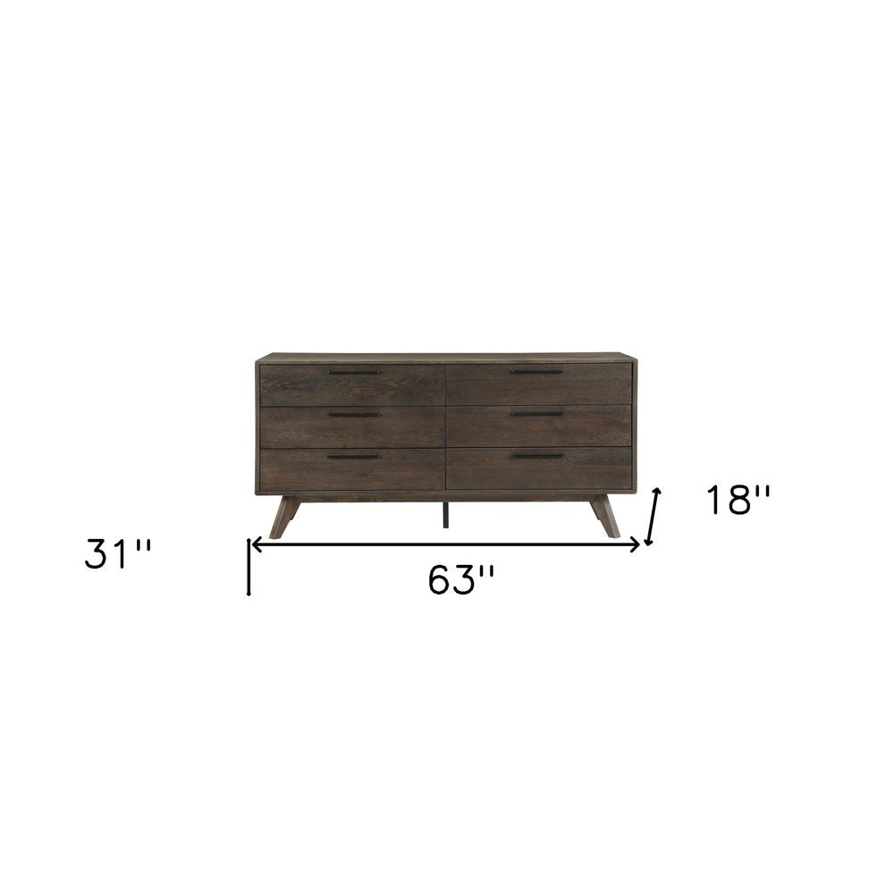Dark Brown Solid Wood Six Drawer Double Dresser - 63-inch