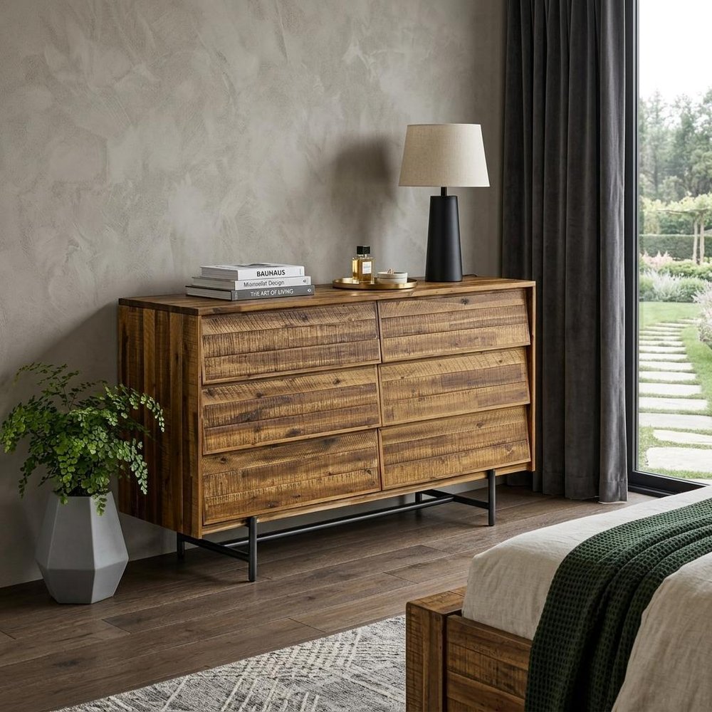 Brown and Black Solid Wood Six Drawer Double Dresser - 57-inch