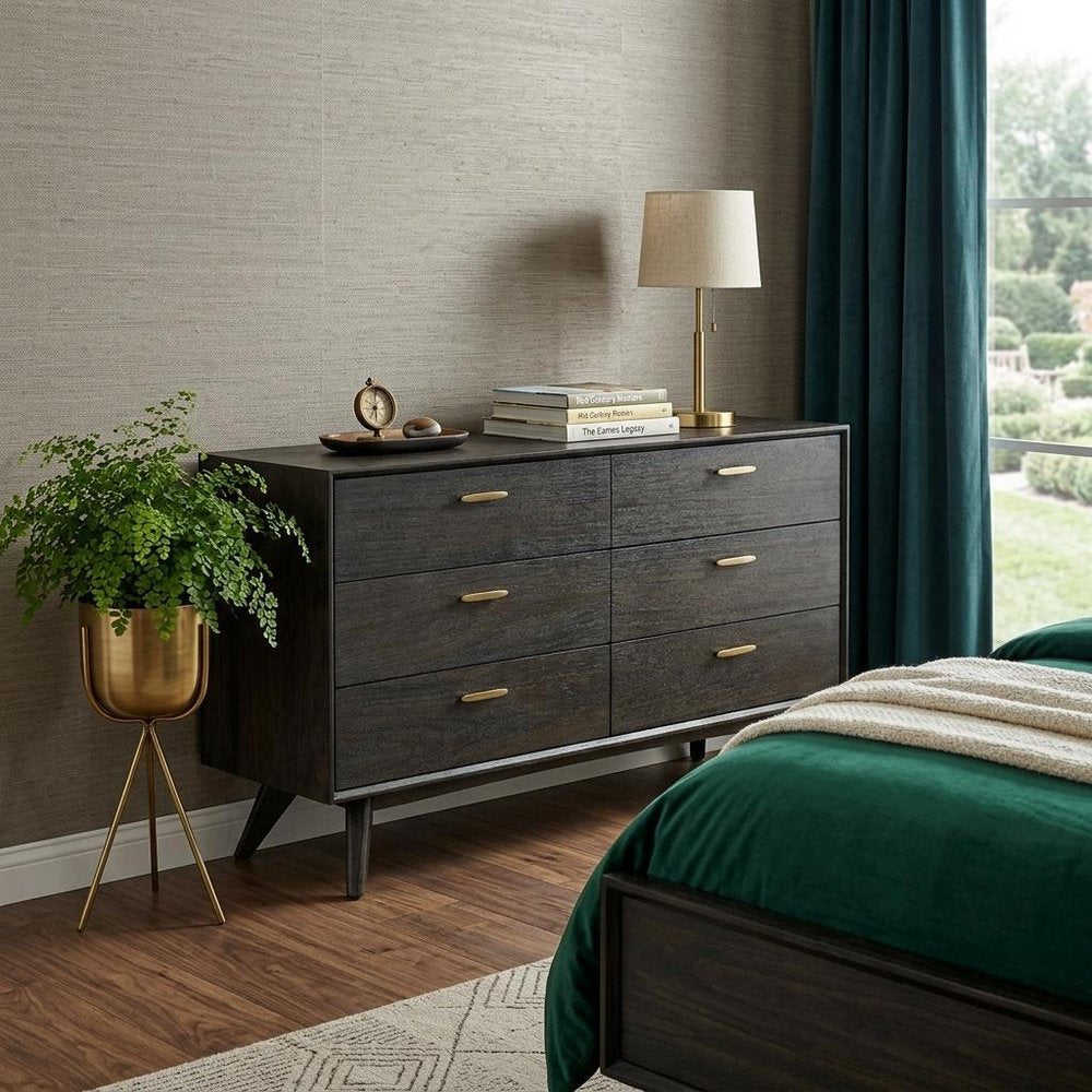 Brown Solid Wood Six Drawer Dresser - 63-inch