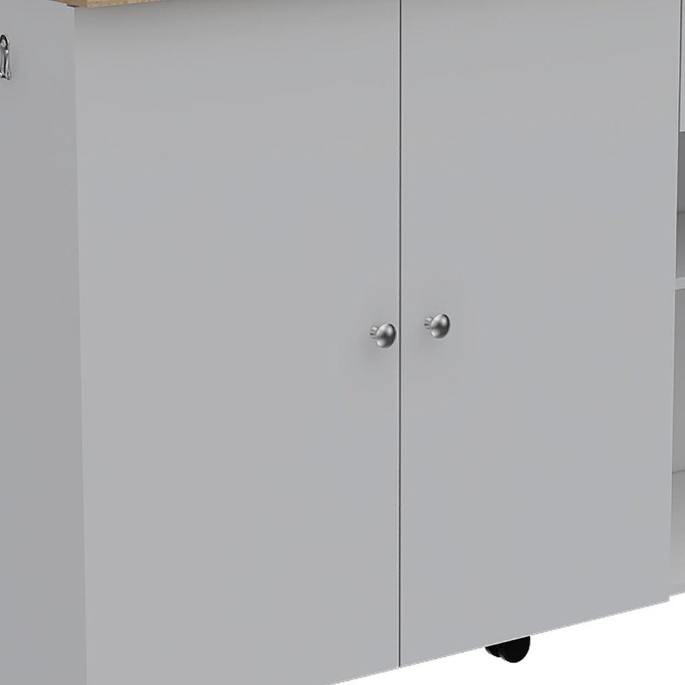 Oak and White Wood Flat Door Rolling Kitchen Island Set with Storage - 54-inch
