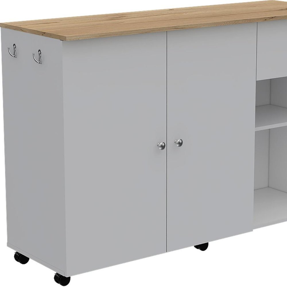 Oak and White Wood Flat Door Rolling Kitchen Island Set with Storage - 54-inch