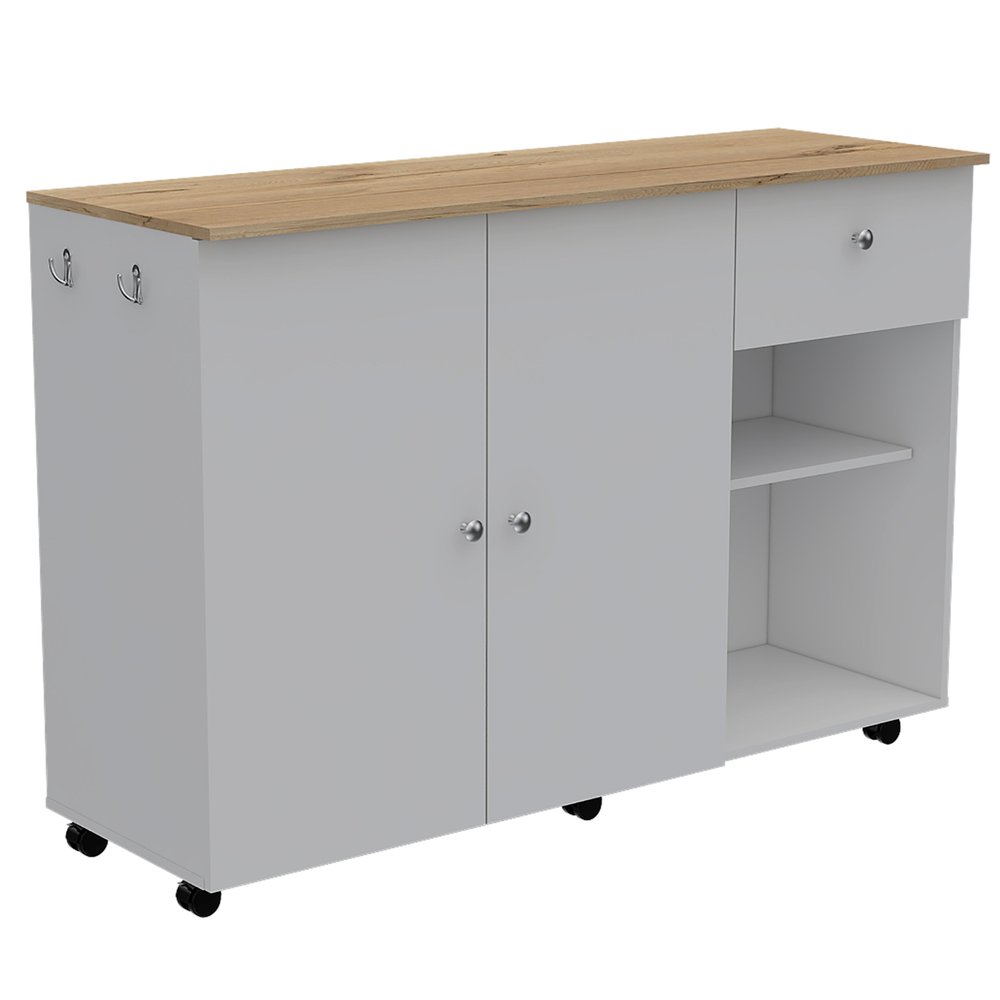 Oak and White Wood Flat Door Rolling Kitchen Island Set with Storage - 54-inch