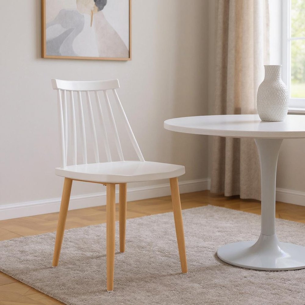 White and Natural Metal and Plastic Windsor Back Dining Side Chair