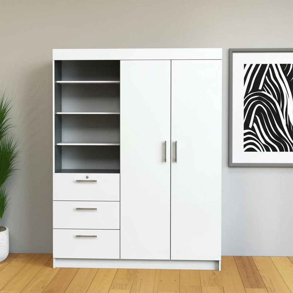 White Wood Two Door Three Drawer Combo Dresser - 79-inch