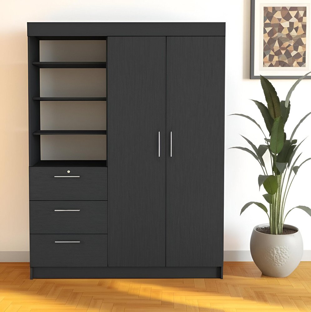 Black Wood Two Door Three Drawer Combo Dresser - 79-inch