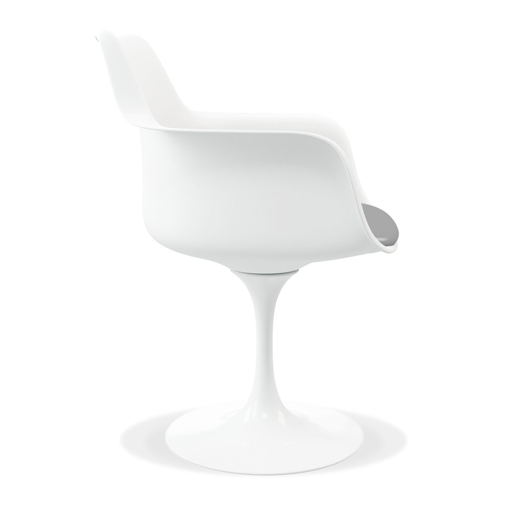 White Heavy Duty Plastic Swivel Dining Arm Chair with Gray Faux Leather Cushion