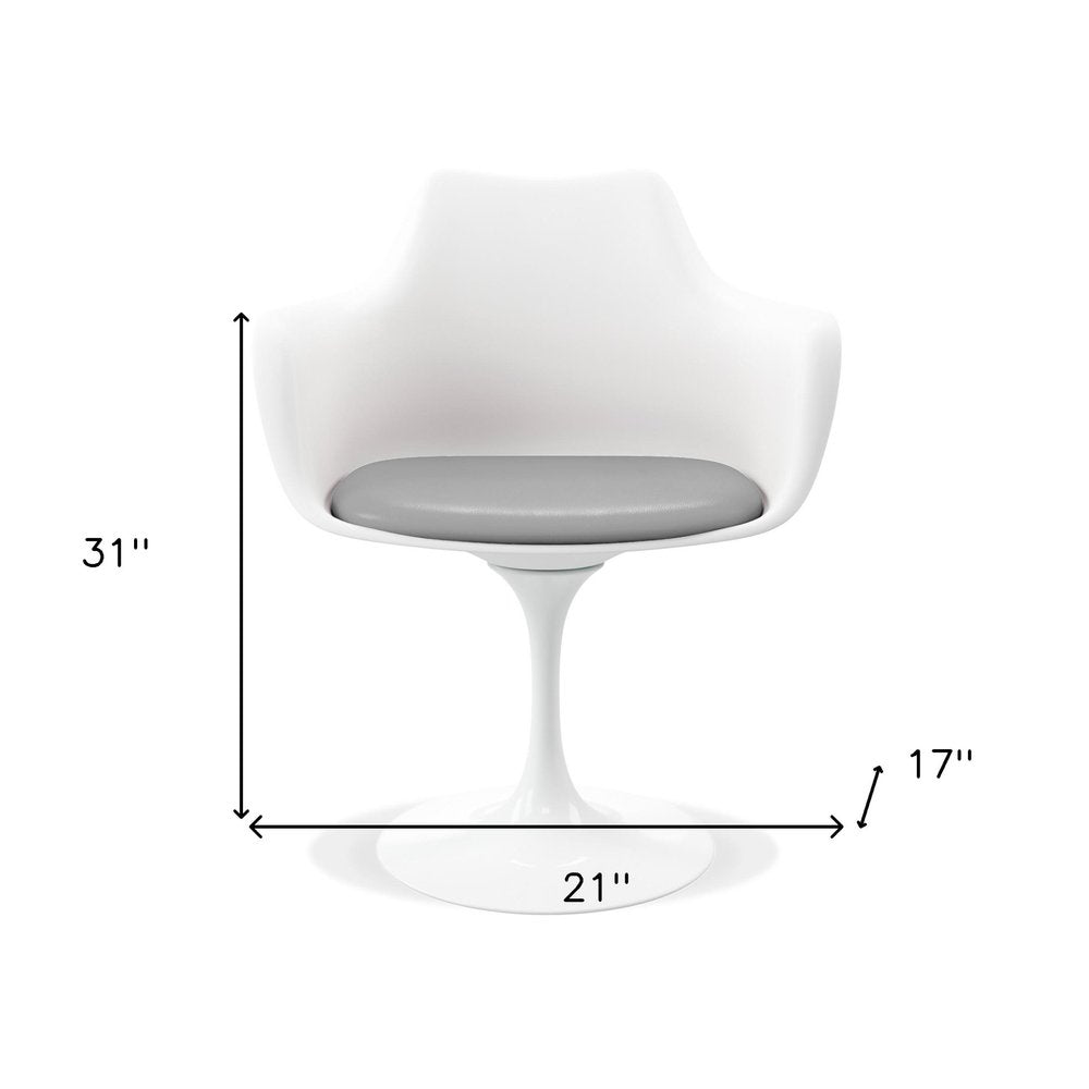 White Heavy Duty Plastic Swivel Dining Arm Chair with Gray Faux Leather Cushion