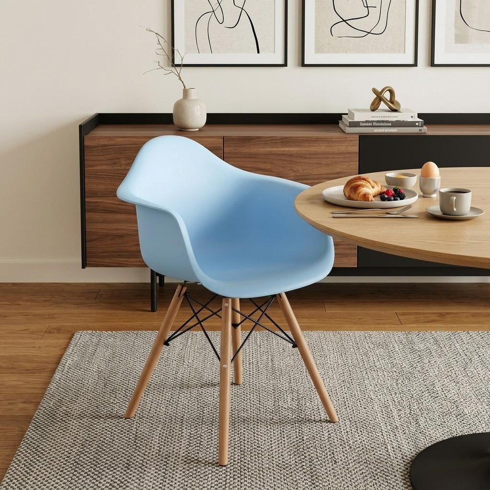 Blue and Natural Heavy Duty Plastic and Solid Wood Dining Arm Chair