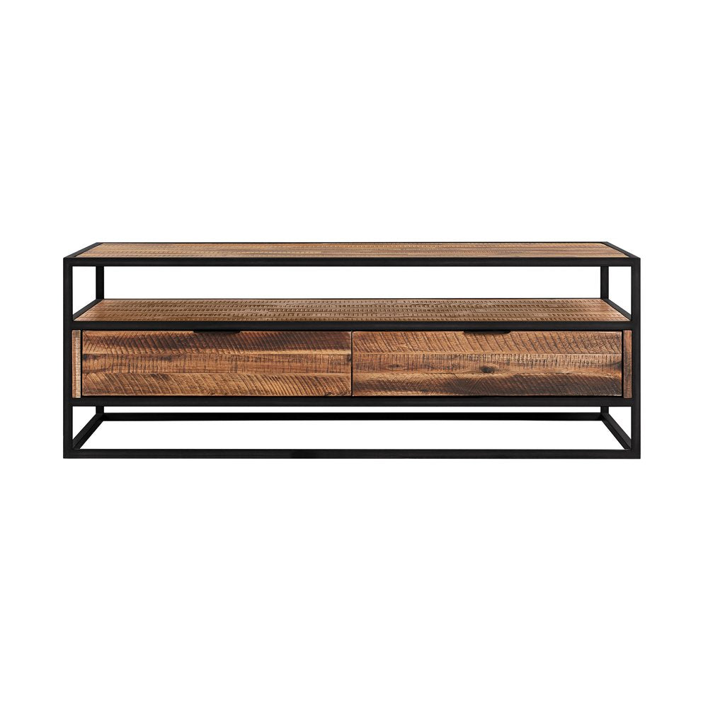 Brown and Black Solid Wood and Metal Coffee Table with Two Drawers and Shelf