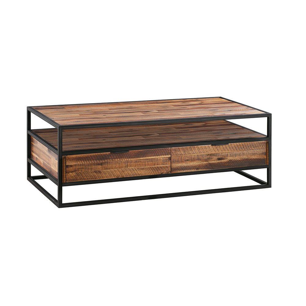 Brown and Black Solid Wood and Metal Coffee Table with Two Drawers and Shelf