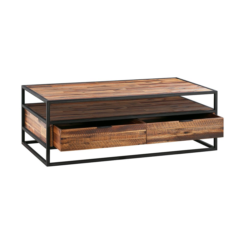 Brown and Black Solid Wood and Metal Coffee Table with Two Drawers and Shelf