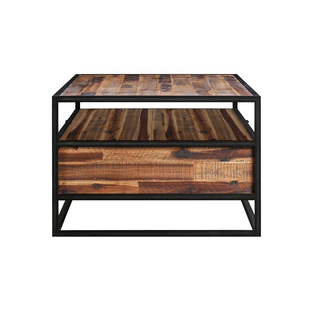 Brown and Black Solid Wood and Metal Coffee Table with Two Drawers and Shelf