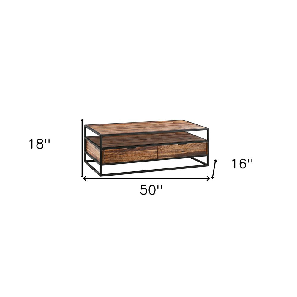 Brown and Black Solid Wood and Metal Coffee Table with Two Drawers and Shelf