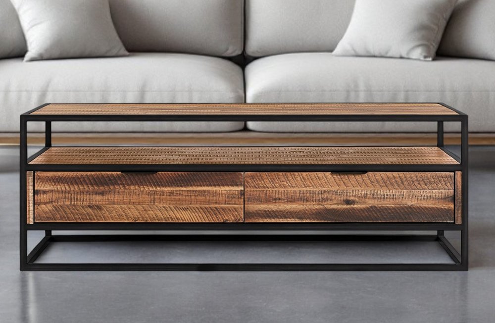 Brown and Black Solid Wood and Metal Coffee Table with Two Drawers and Shelf