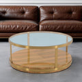 Clear Gold and Brown Glass Wood and Metal Round Coffee Table with Shelf