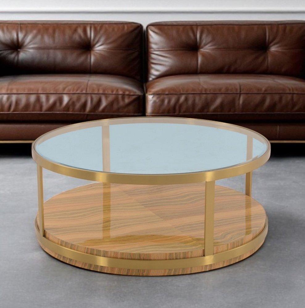 Clear Gold and Brown Glass Wood and Metal Round Coffee Table with Shelf