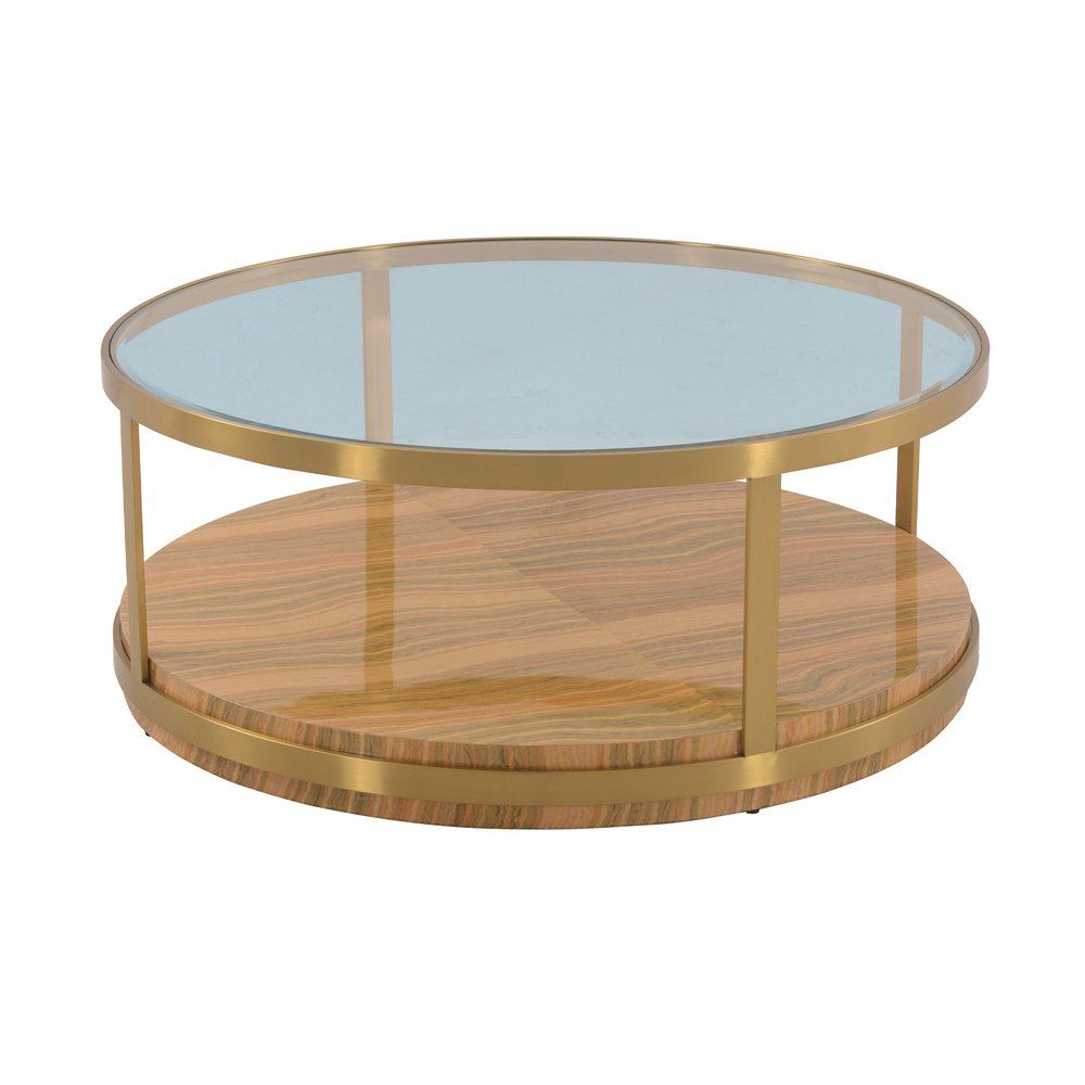 Clear Gold and Brown Glass Wood and Metal Round Coffee Table with Shelf