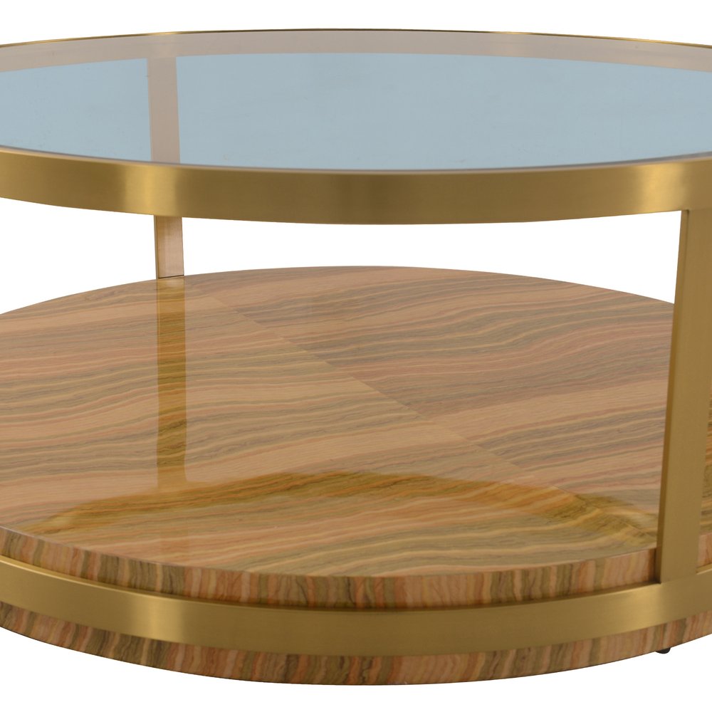 Clear Gold and Brown Glass Wood and Metal Round Coffee Table with Shelf