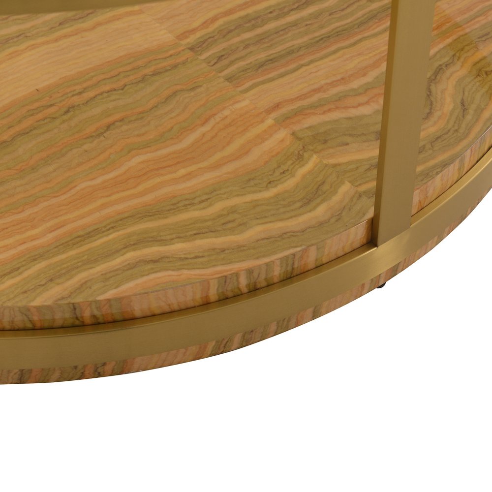 Clear Gold and Brown Glass Wood and Metal Round Coffee Table with Shelf