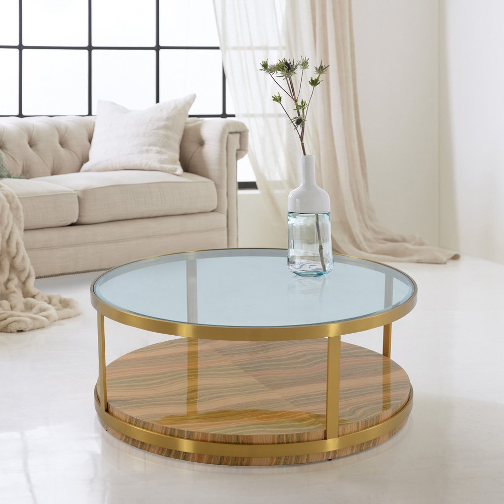 Clear Gold and Brown Glass Wood and Metal Round Coffee Table with Shelf