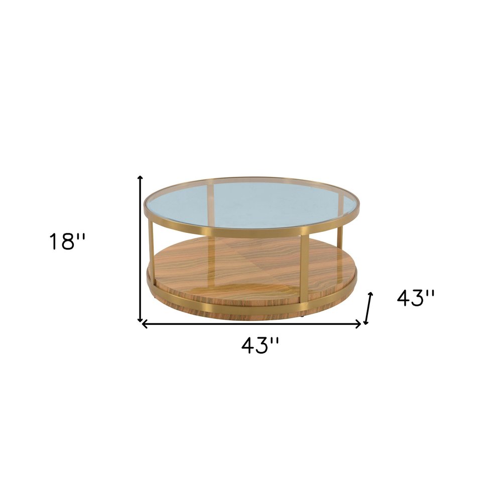 Clear Gold and Brown Glass Wood and Metal Round Coffee Table with Shelf