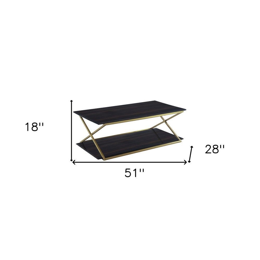 Dark Brown and Gold Metal Coffee Table with Shelf - 51-inch