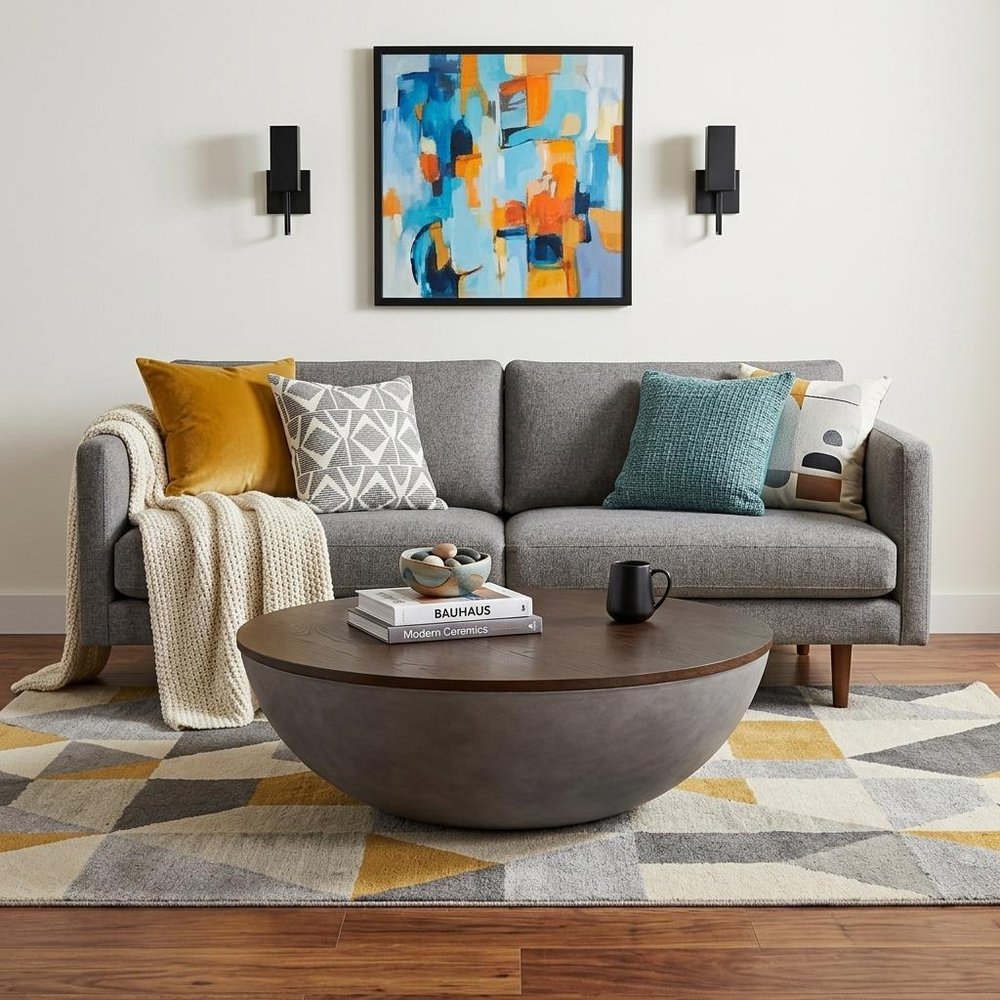Brown and Gray Solid Wood and Concrete Round Coffee Table - 48-inch