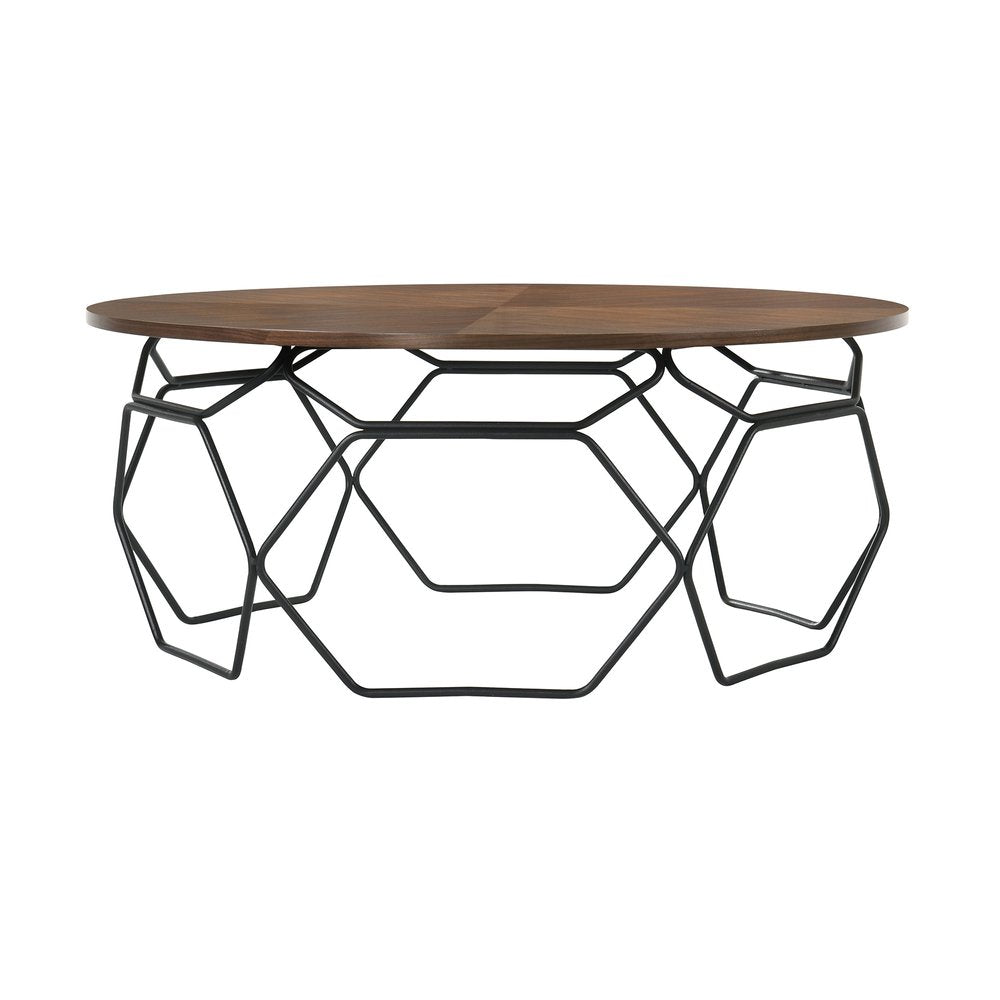 Brown and Black Solid Wood and Metal Round Coffee Table - 36-inch
