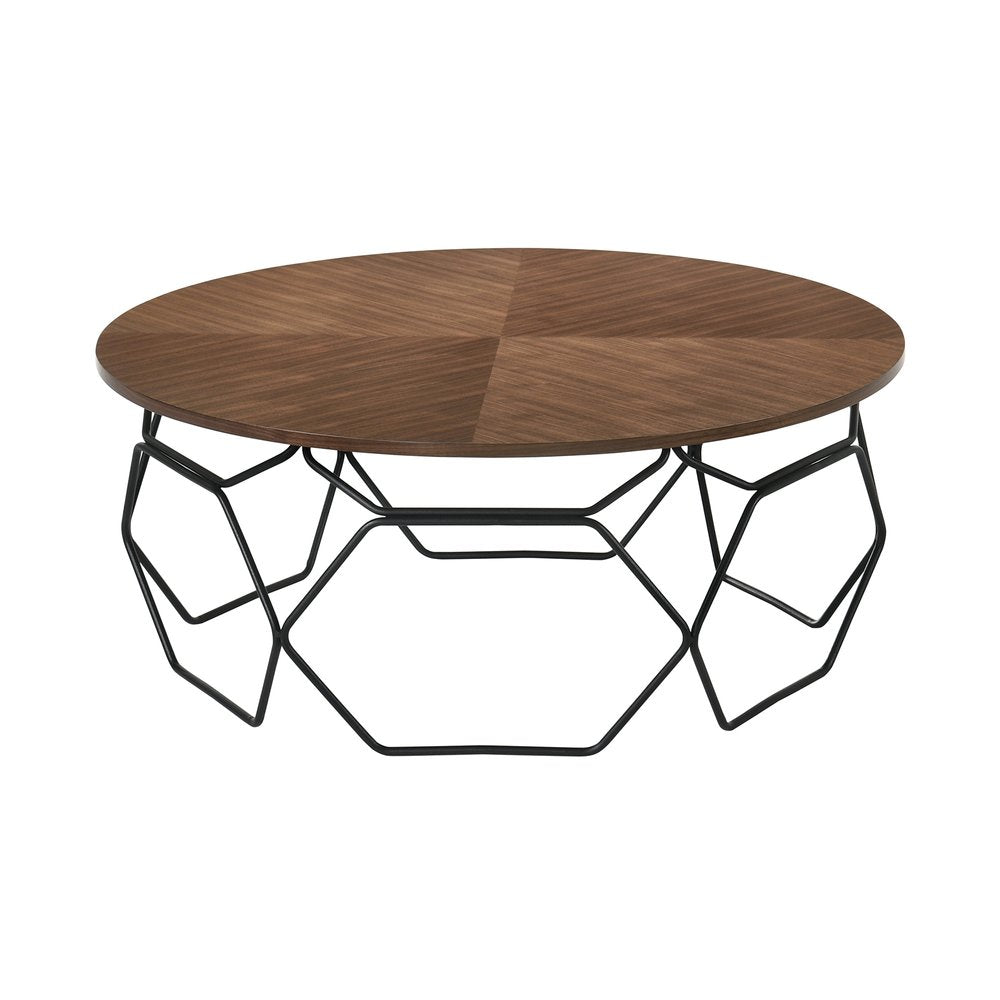Brown and Black Solid Wood and Metal Round Coffee Table - 36-inch