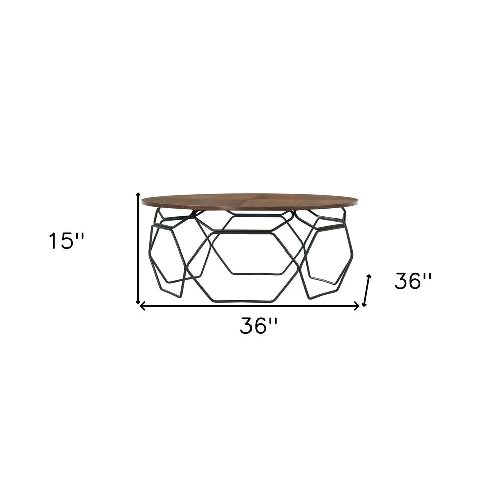 Brown and Black Solid Wood and Metal Round Coffee Table - 36-inch