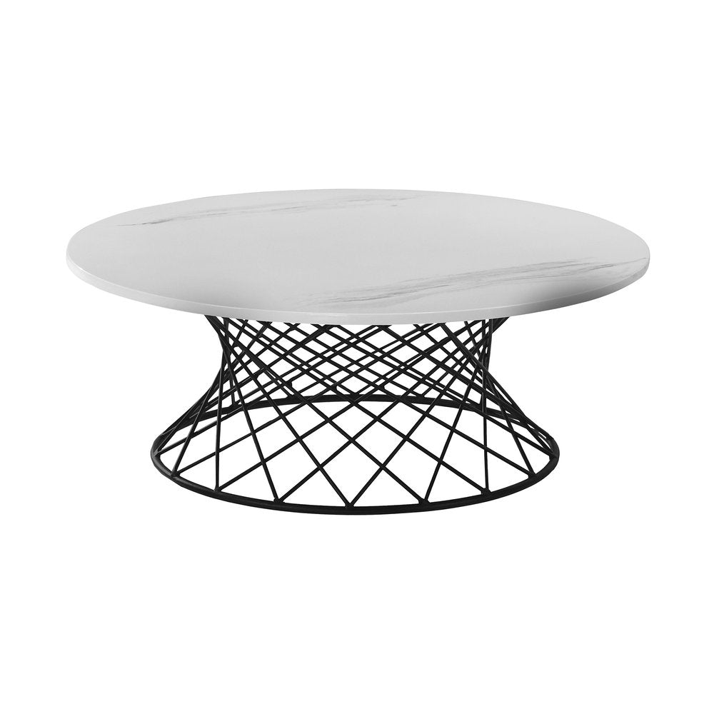 White and Black Genuine Marble and Metal Round Coffee Table - 36-inch
